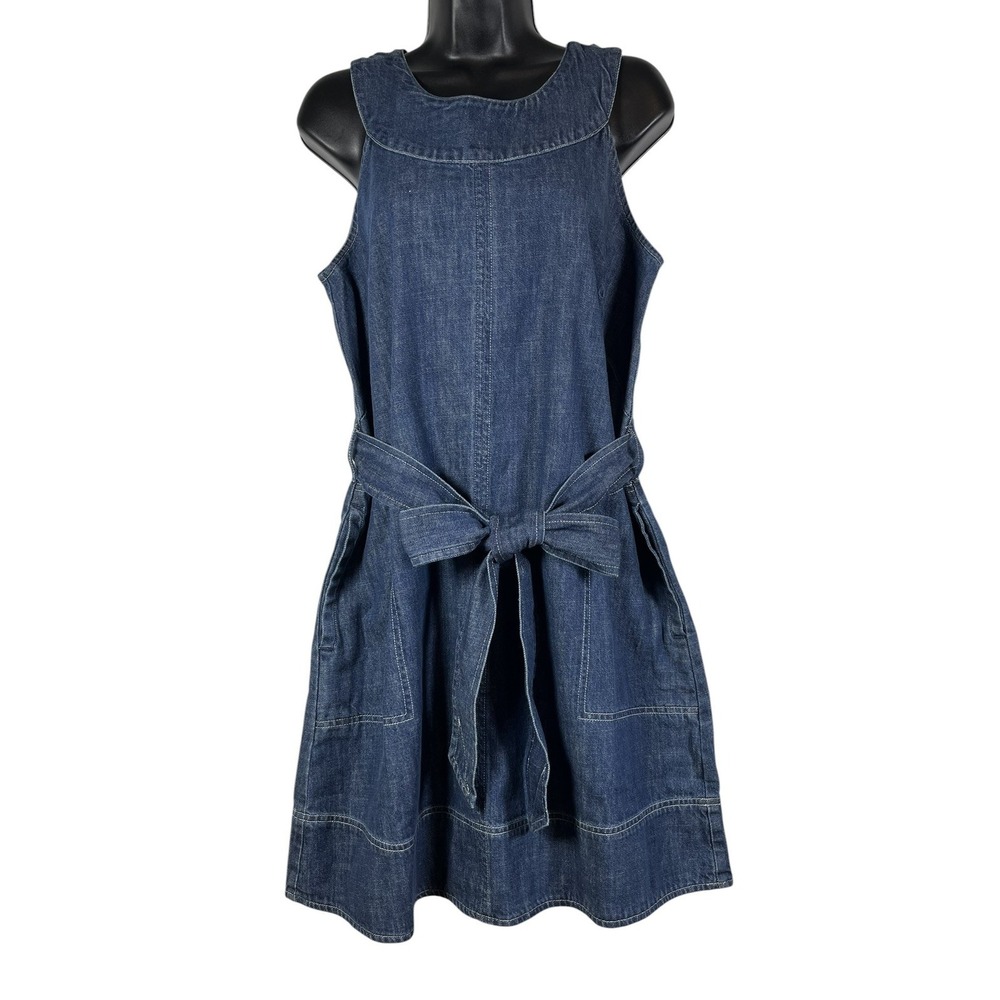 NWT Free Assembly Sz M Dress Mini Shift Medium Blue Wash Denim Knee Tie Belt New